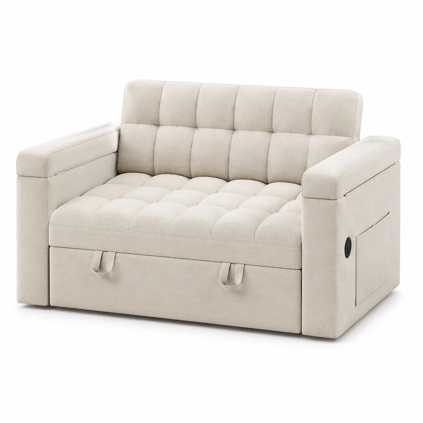 Sofa dwuosobowa z tkaniny beżowa z funkcją spania i schowkiem 140x90x76 cm