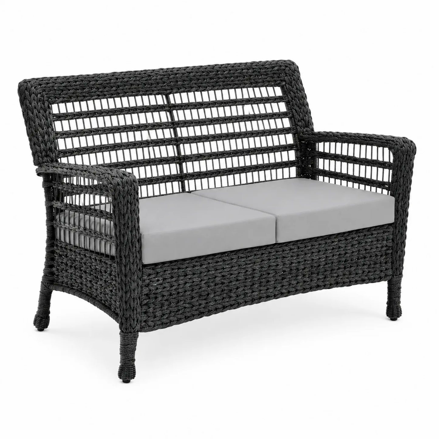 Czarna Dwuosobowa Sofa z Technorattanu z Szarymi Poduszkami
