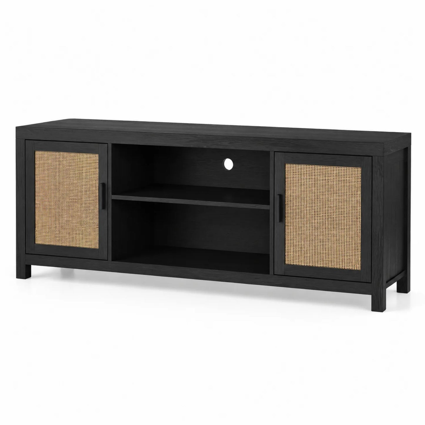Drewniana szafka RTV z czarnym MDF i drzwiczkami rattanowymi 120x40x50 cm