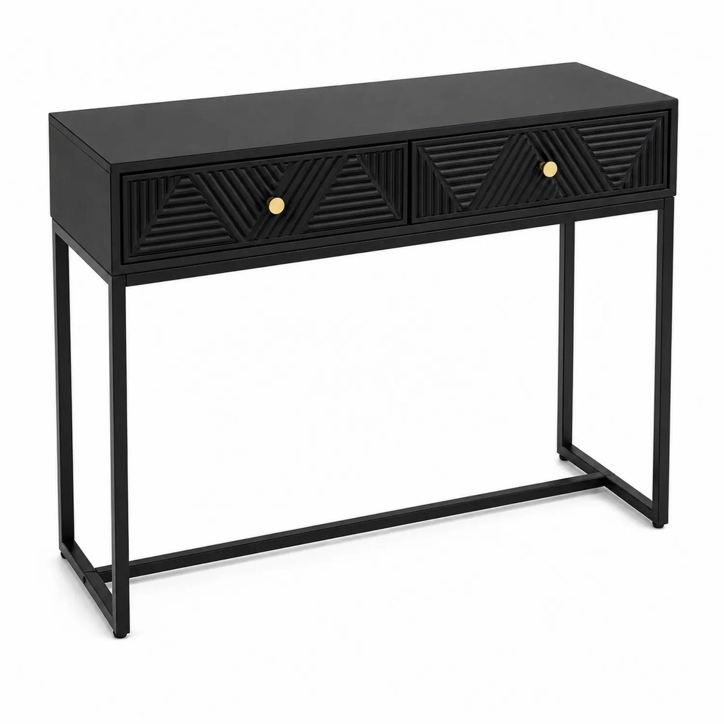 Czarny stół konsolowy z metalową ramą i drewnianymi szufladami 120 cm