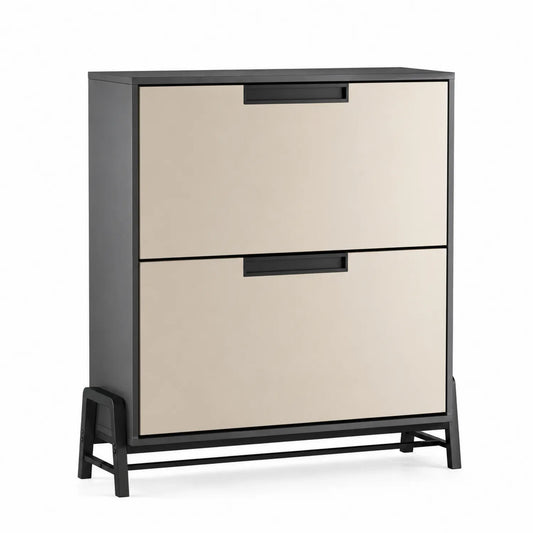 Szafka na buty dwudrzwiowa z płyty MDF i metalu, beżowo-czarna, 90x35x110 cm