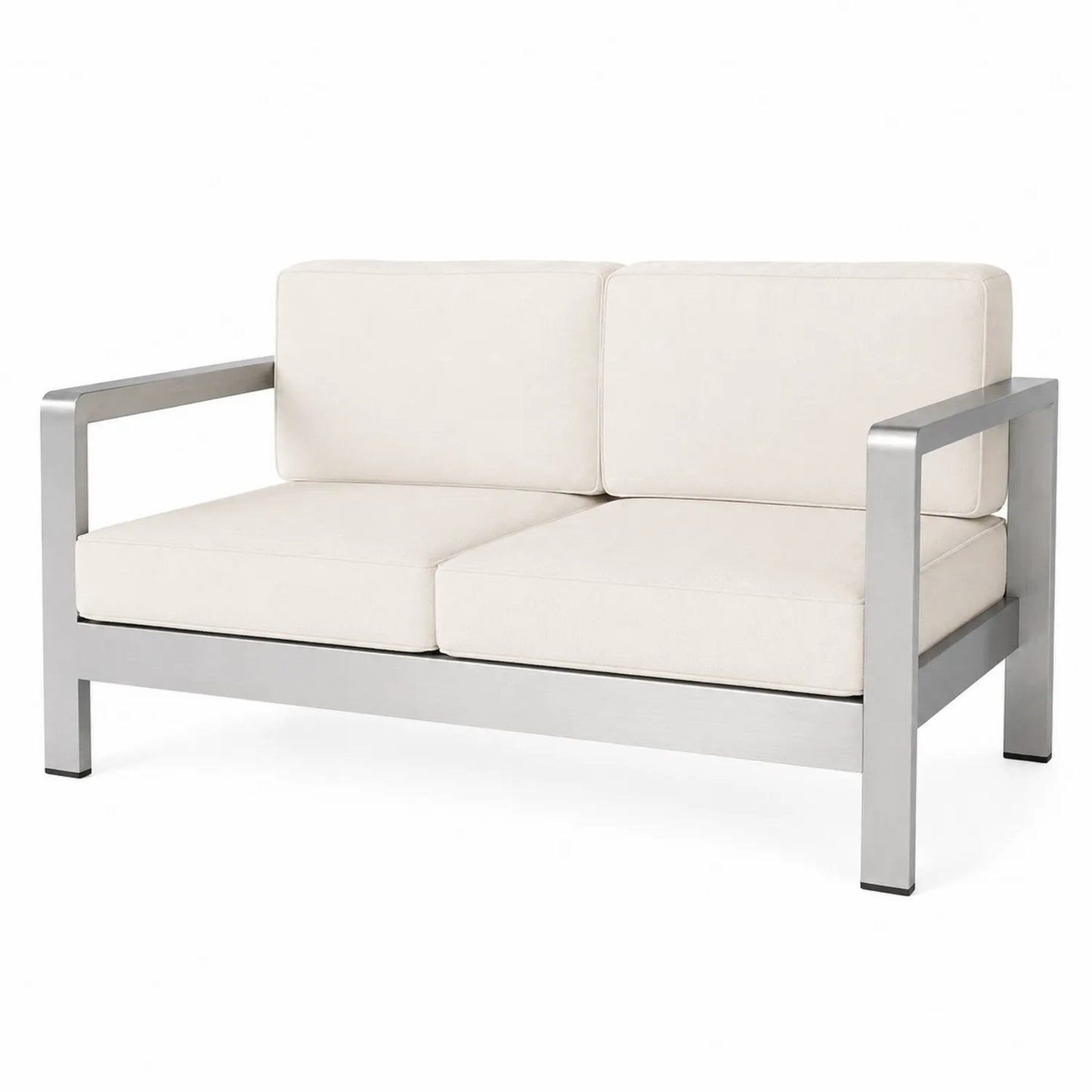 Aluminiowa sofa dwuosobowa z kremowymi poduszkami