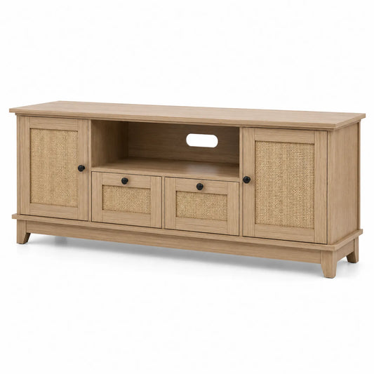 Drewniana szafka RTV z rattanowymi frontami 150x40x50 cm