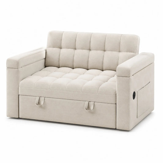 Sofa dwuosobowa z tkaniny beżowa z funkcją spania i schowkiem 140x90x76 cm