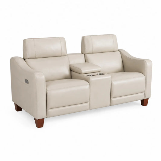 Dwuosobowa skórzana sofa z podłokietnikami i uchwytem na napoje