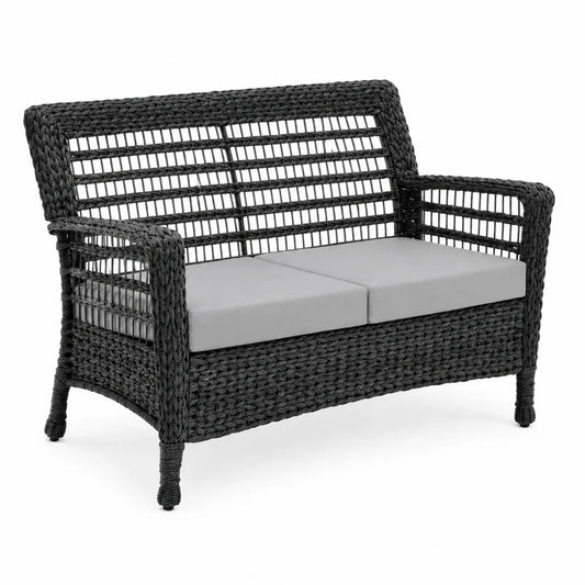 Czarna Dwuosobowa Sofa z Technorattanu z Szarymi Poduszkami